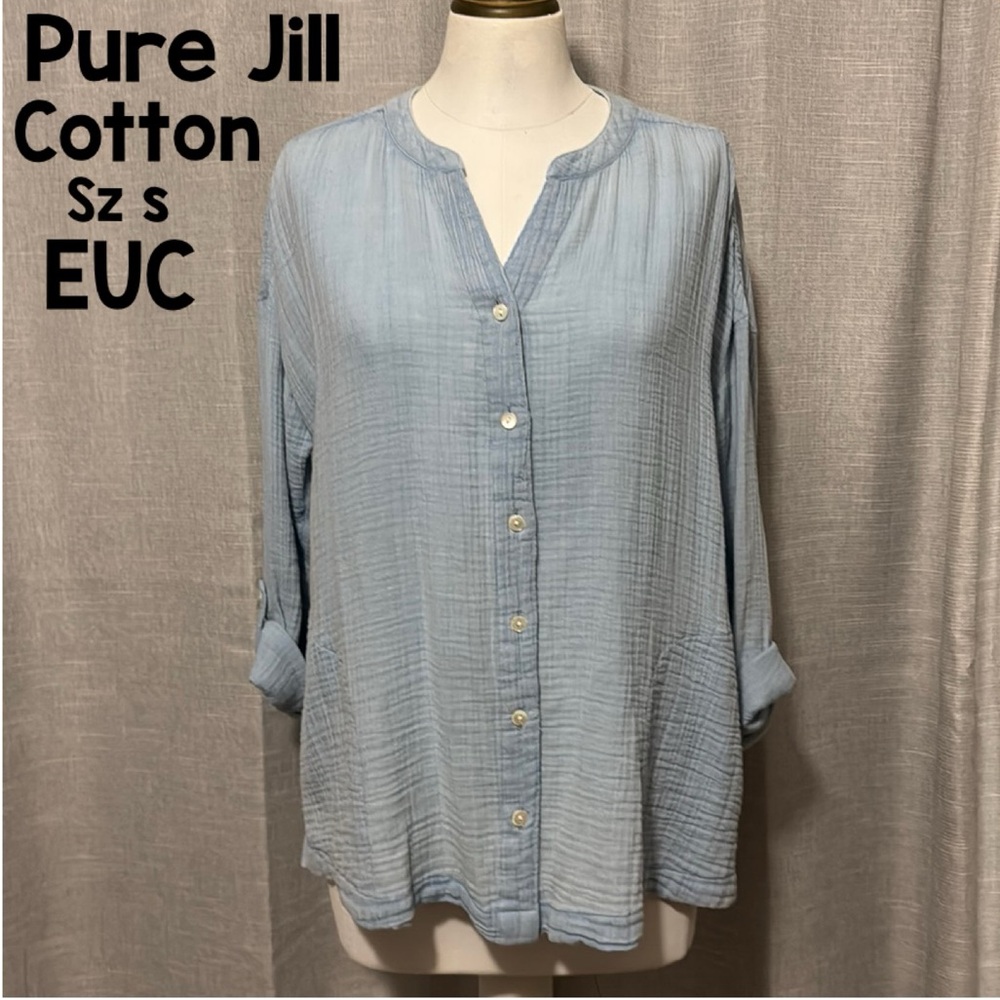 Pure Jill Sz S-Cotton Button Up Shirt-Light Blue-Roll Up Sleeves-Round Neck-EUC